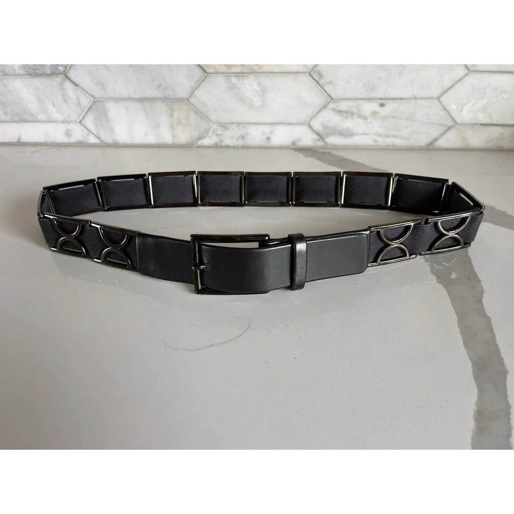 Suzi Roher Vintage Women Stretch Belt Small Black Leather Metal Links‎